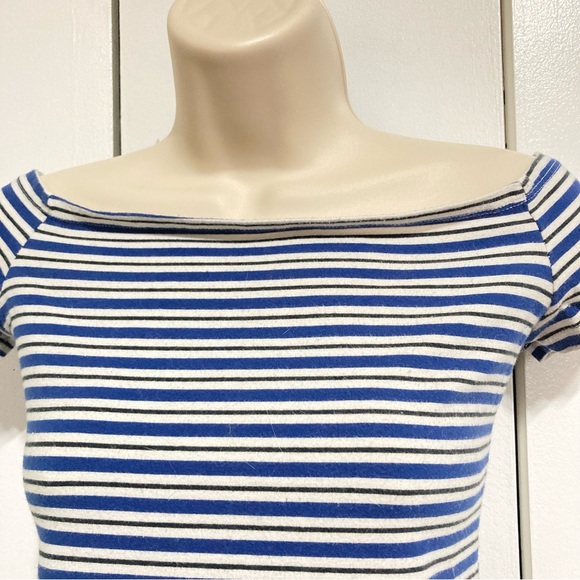 PacSun Nautical Navy Crop Top Over Shoulder Blue White Stripes Womens Medium - Picture 3 of 11